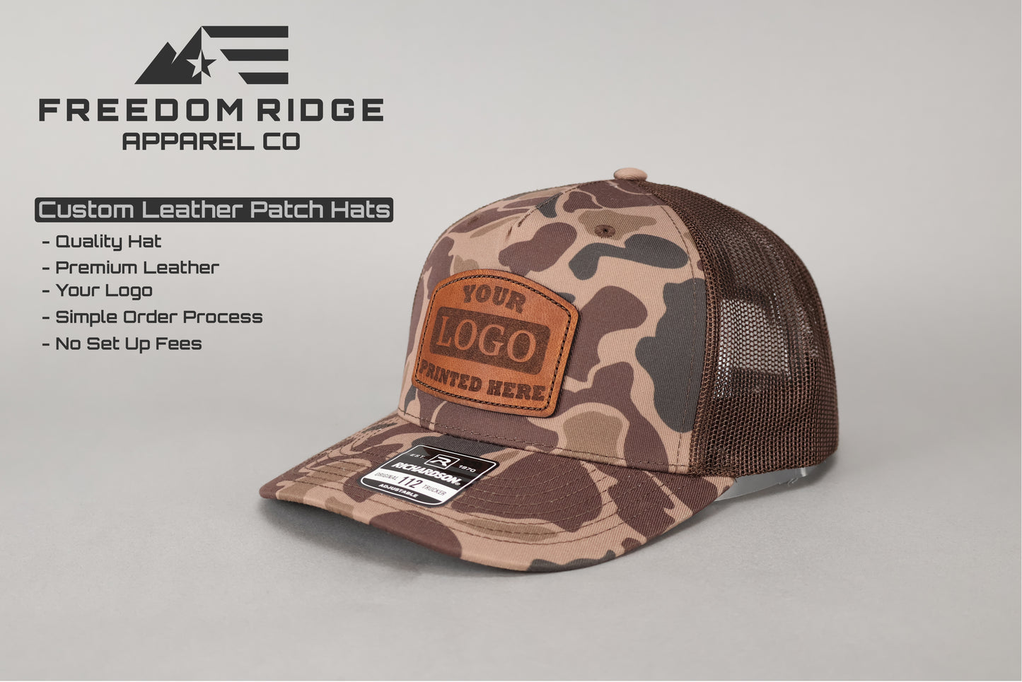 Richardson 112PFP "Camo" - Custom Leather Patch + Your Logo (1-5)