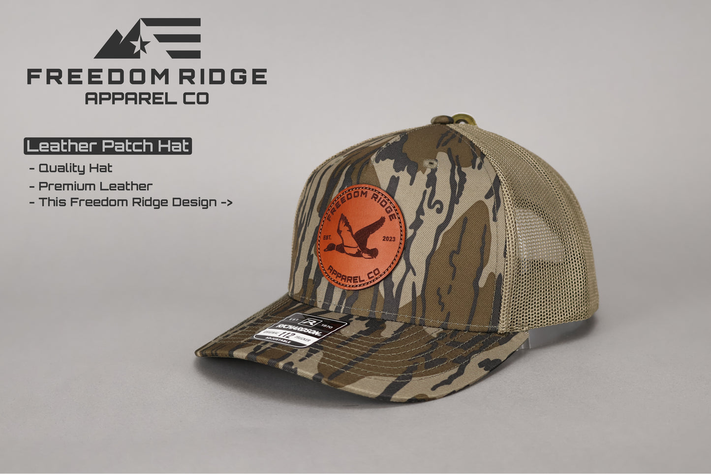 Richardson 112PFP "Camo" - Leather Patch "Freedom Ridge Apparel Duck"