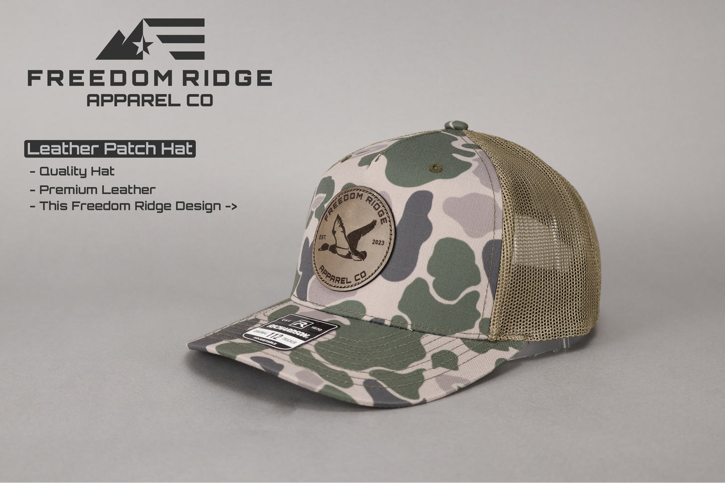 Richardson 112PFP "Camo" - Leather Patch "Freedom Ridge Apparel Duck"