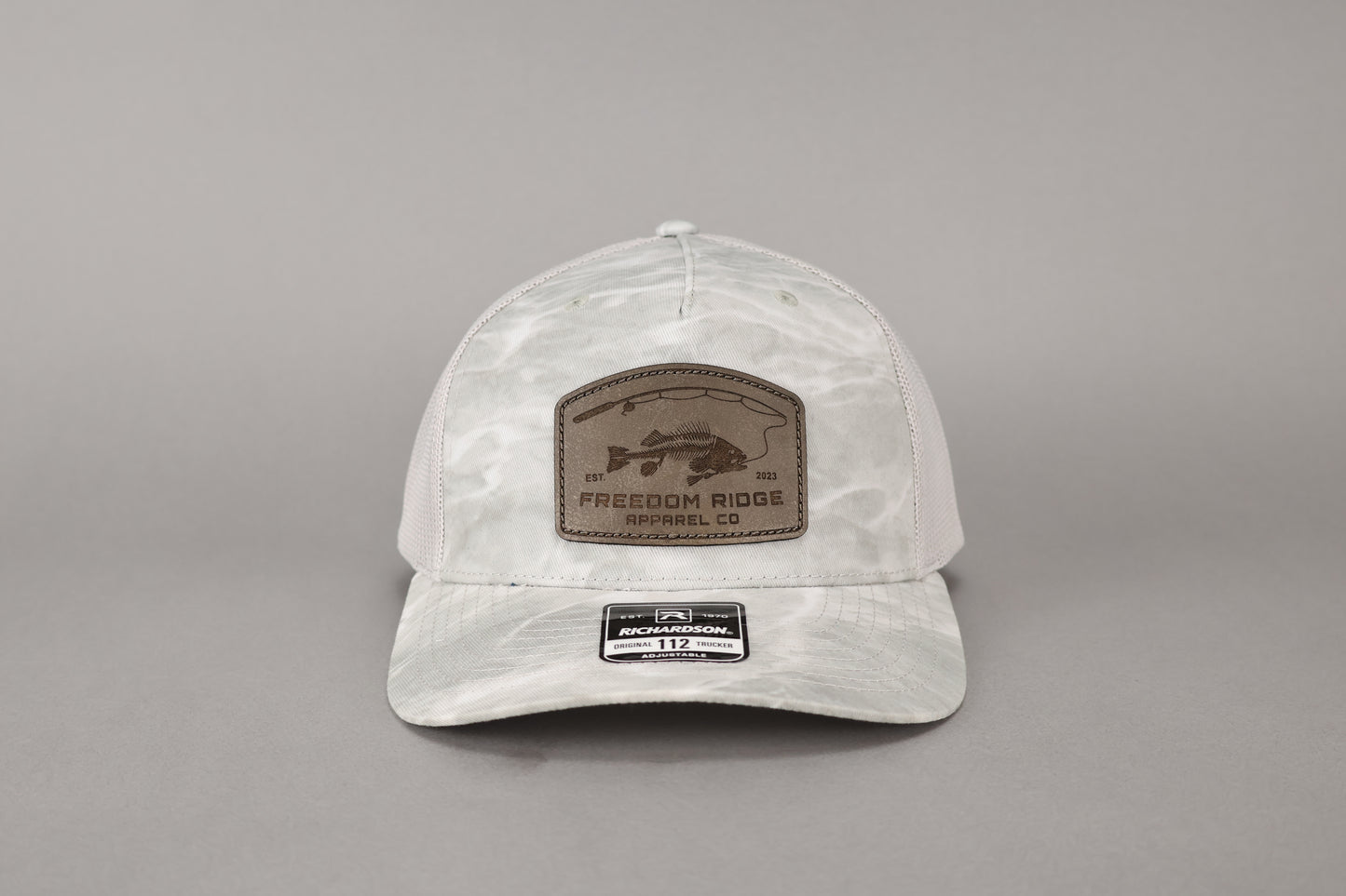 Richardson 112PFP "Camo" - Leather Patch "Freedom Ridge Apparel Fish Bones"